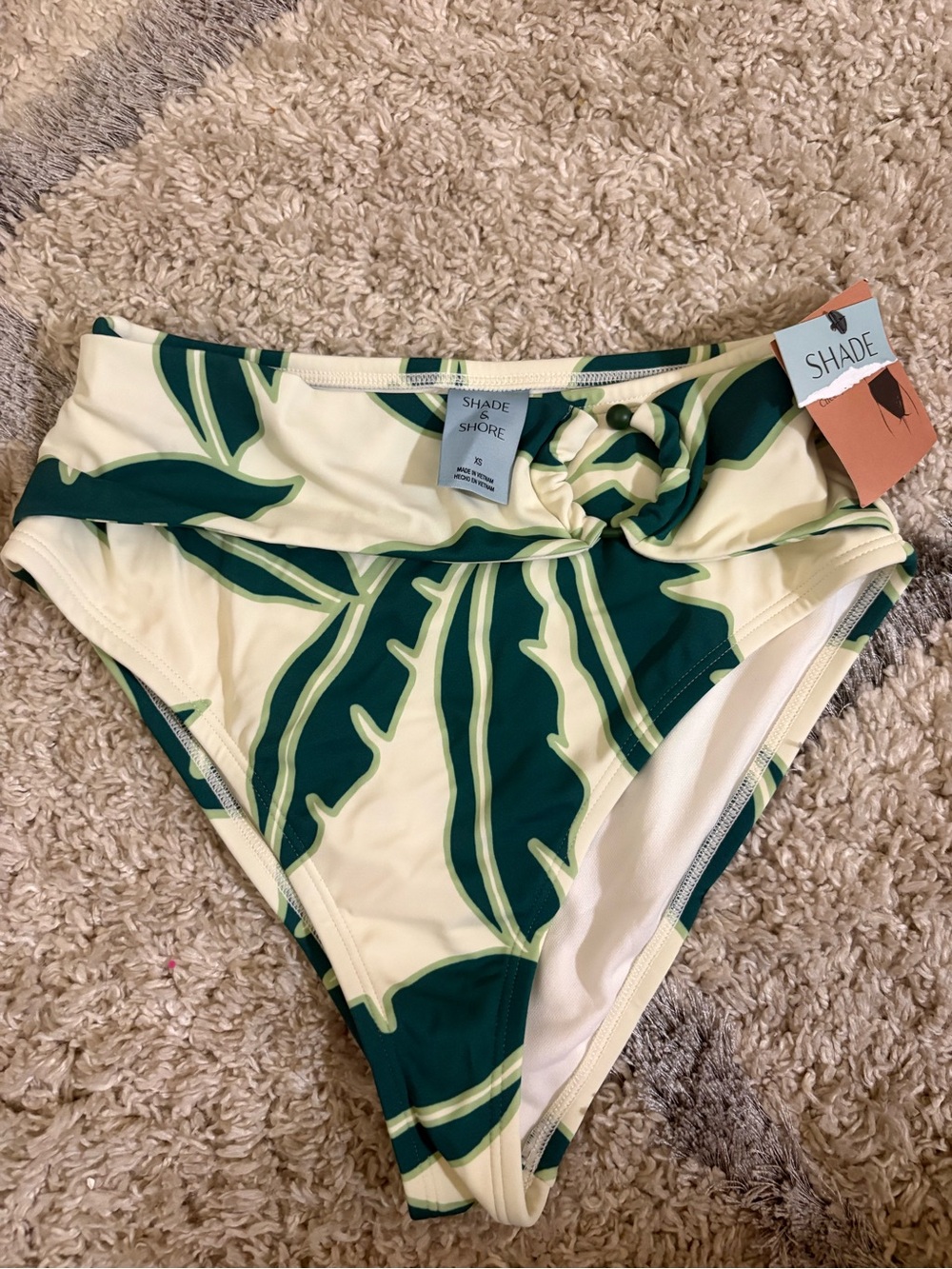 Shade & Shore Cream High-Waist Bikini with Dark and Light Green Leaf Print